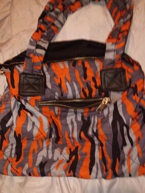 Camouflage Puffer Tote Bag in Orange, Black, and Gray